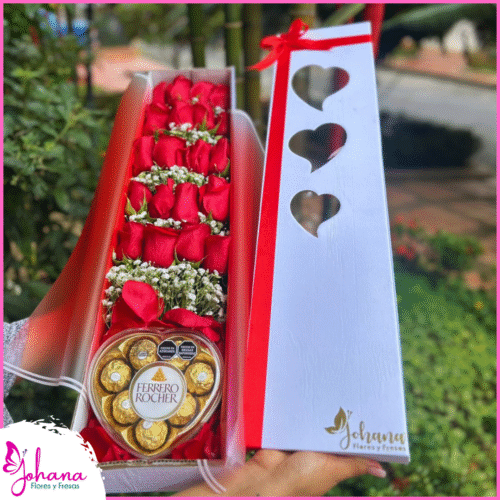 Caja alargada con rosas y ferrero