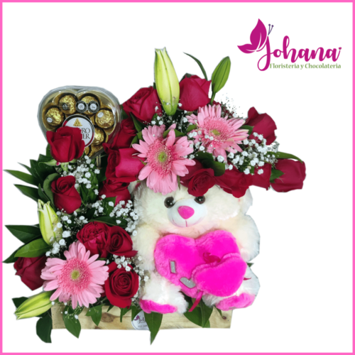 Canasta de flores con peluche