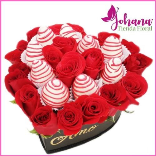 Caja corazón rosas y fresas