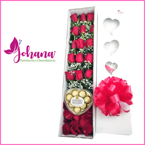 Caja alargada con rosas y ferrero
