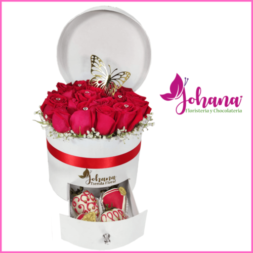 Caja redonda con rosas y chocolates